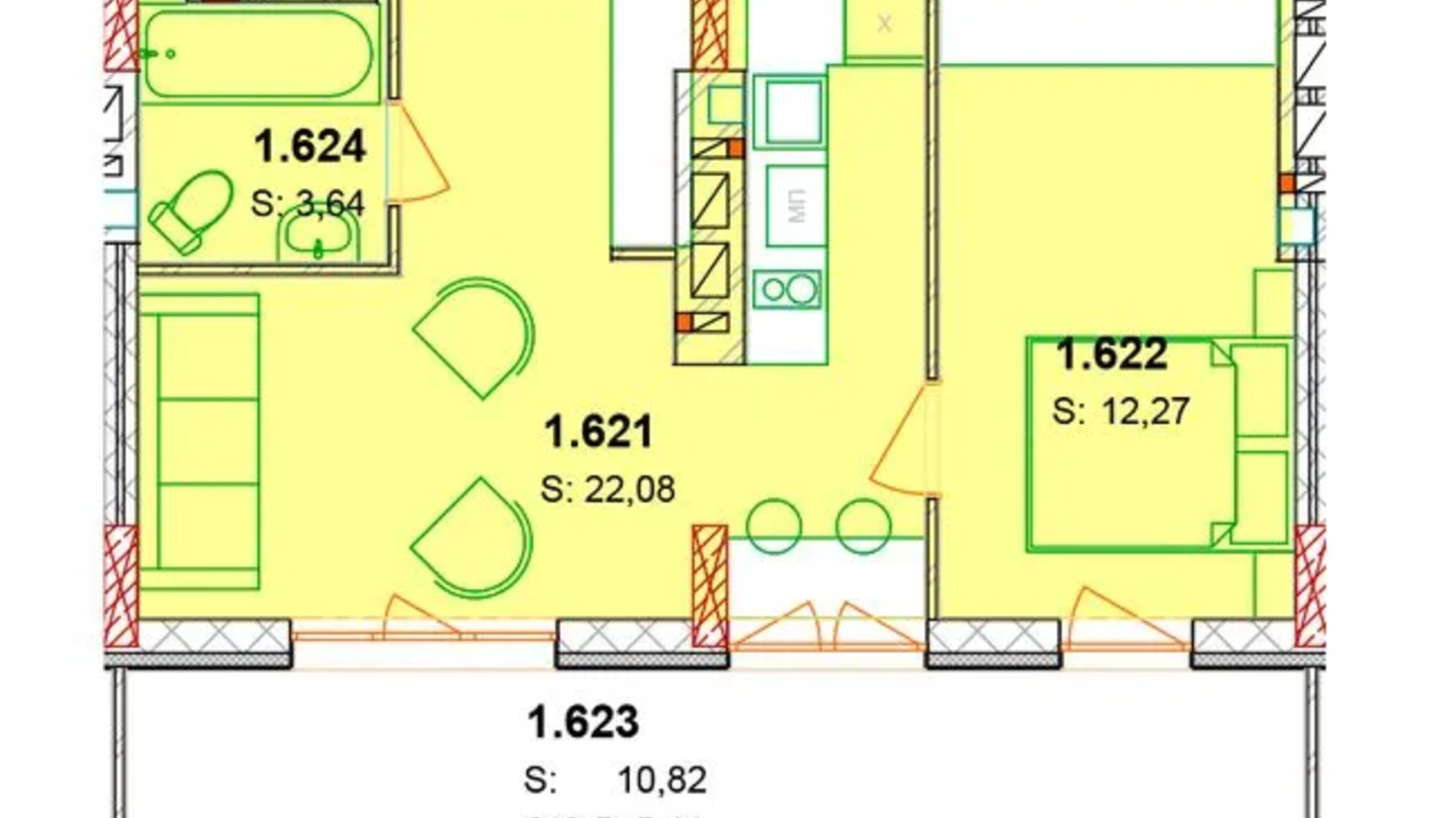 Планировка апартаментов в ЖК Солнечный квартал 48.81 м², фото 652973