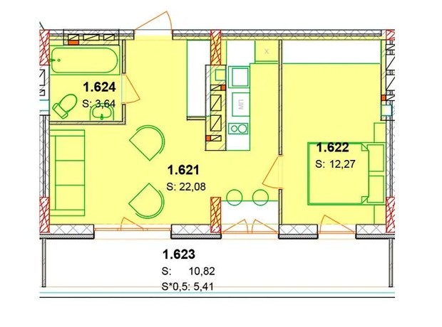 ЖК Солнечный квартал: планировка 2-комнатной квартиры 48.81 м²