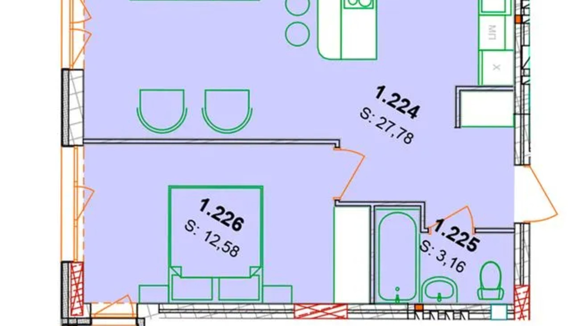 Планировка апартаментов в ЖК Солнечный квартал 44.8 м², фото 652974