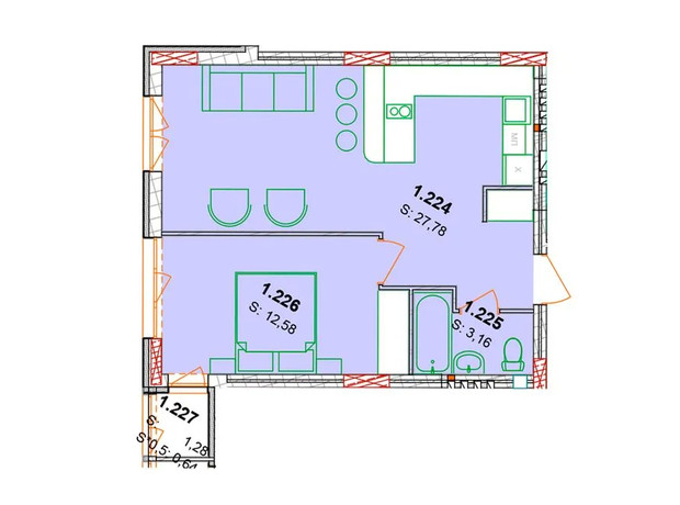 ЖК Солнечный квартал: планировка 2-комнатной квартиры 44.8 м²