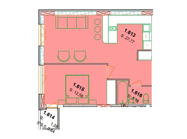 ЖК Сонячний квартал: планування 2-кімнатної квартири 44.79 м²