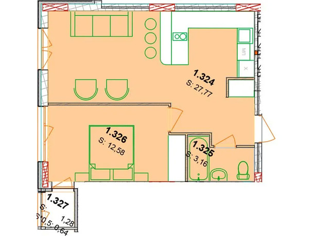 ЖК Солнечный квартал: планировка 2-комнатной квартиры 44.79 м²