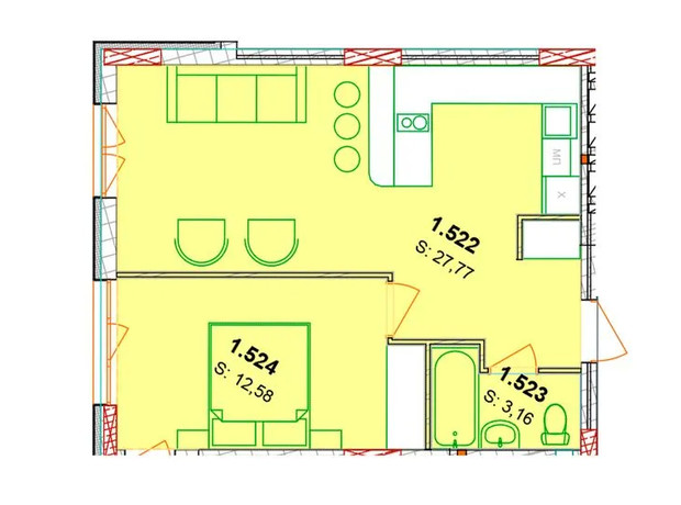 ЖК Солнечный квартал: планировка 2-комнатной квартиры 44.49 м²