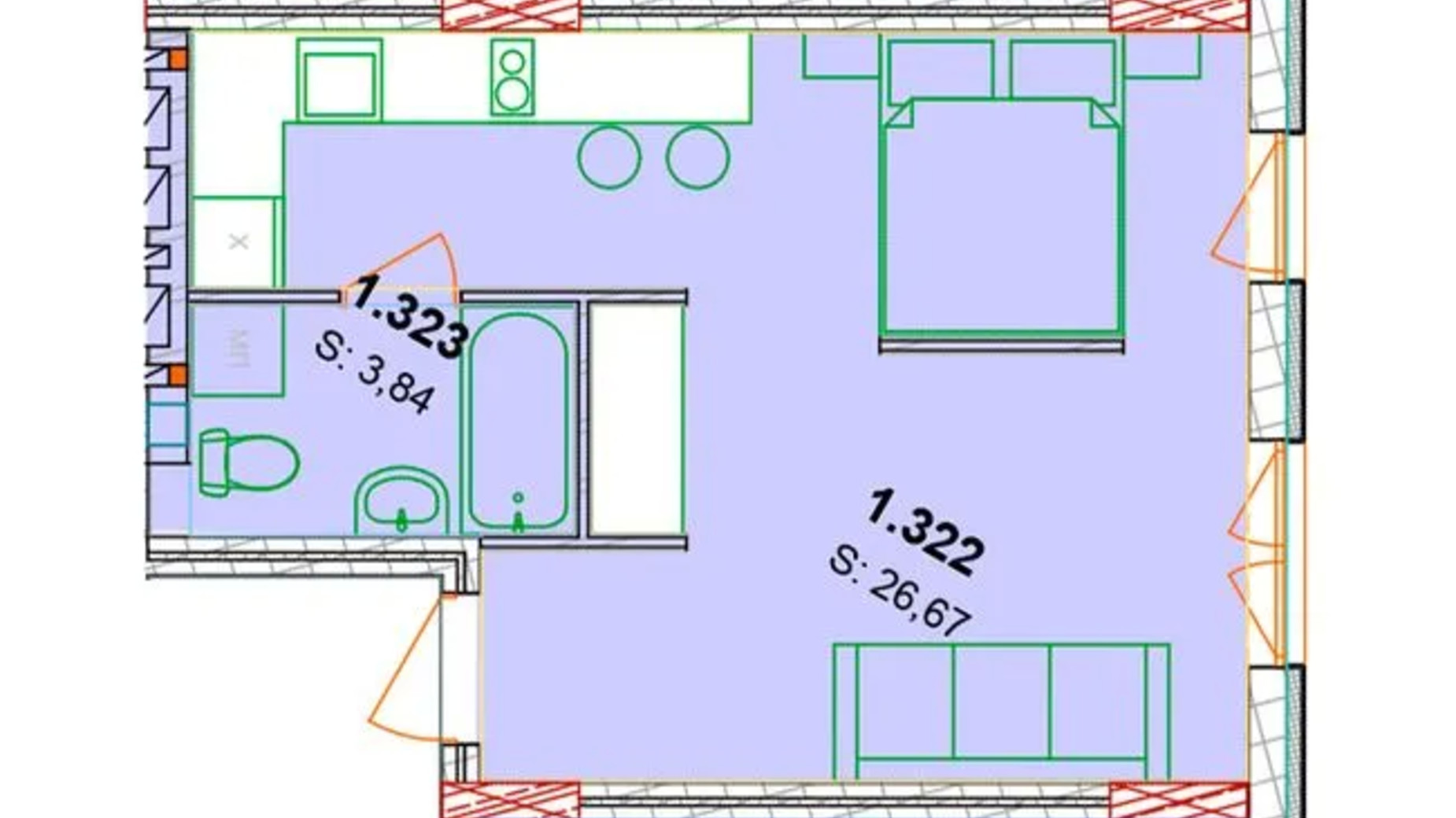 Планировка апартаментов в ЖК Солнечный квартал 30.51 м², фото 652979