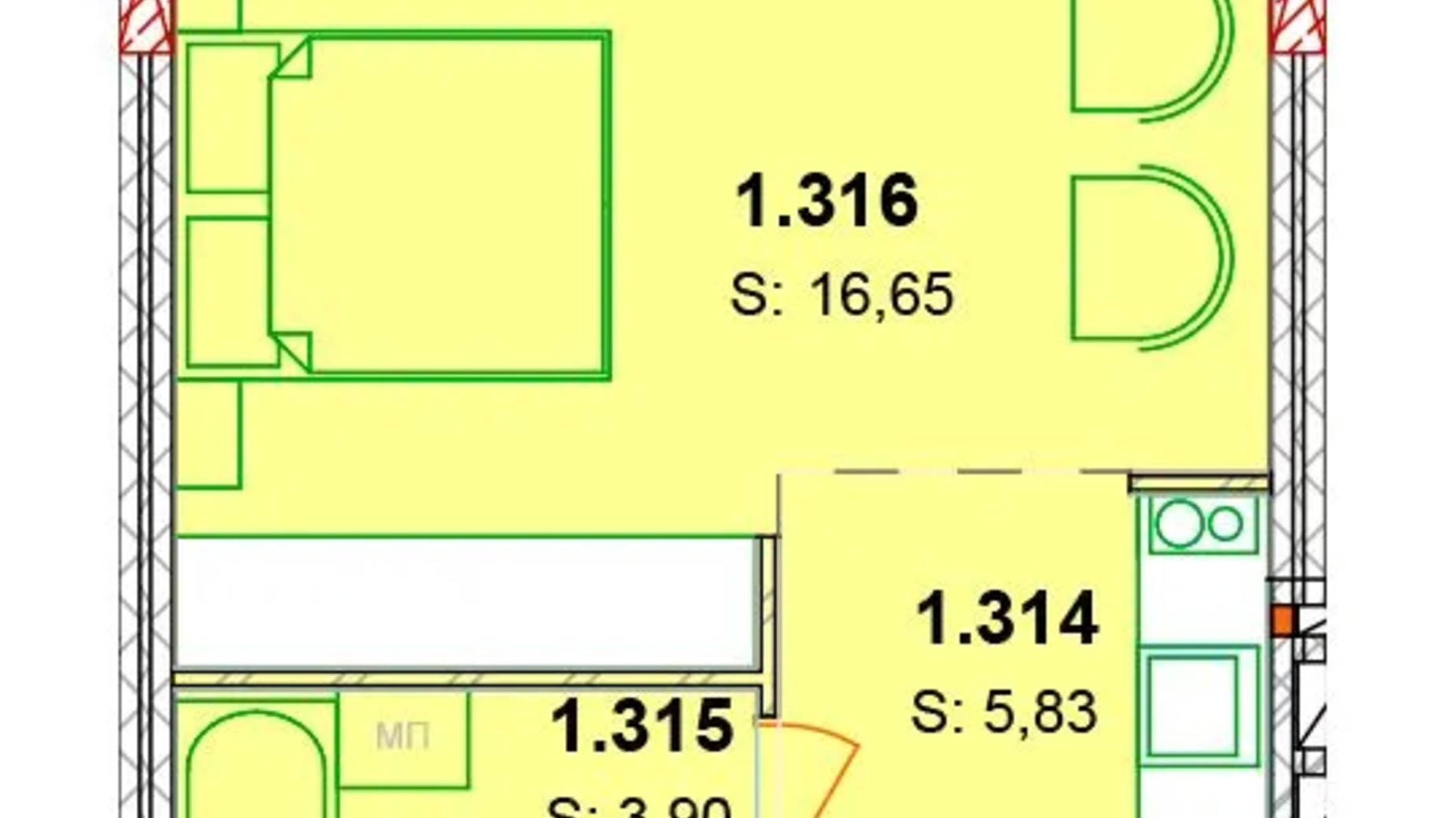 Планировка апартаментов в ЖК Солнечный квартал 26.38 м², фото 652981