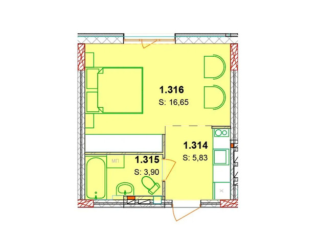 ЖК Солнечный квартал: планировка 1-комнатной квартиры 26.38 м²