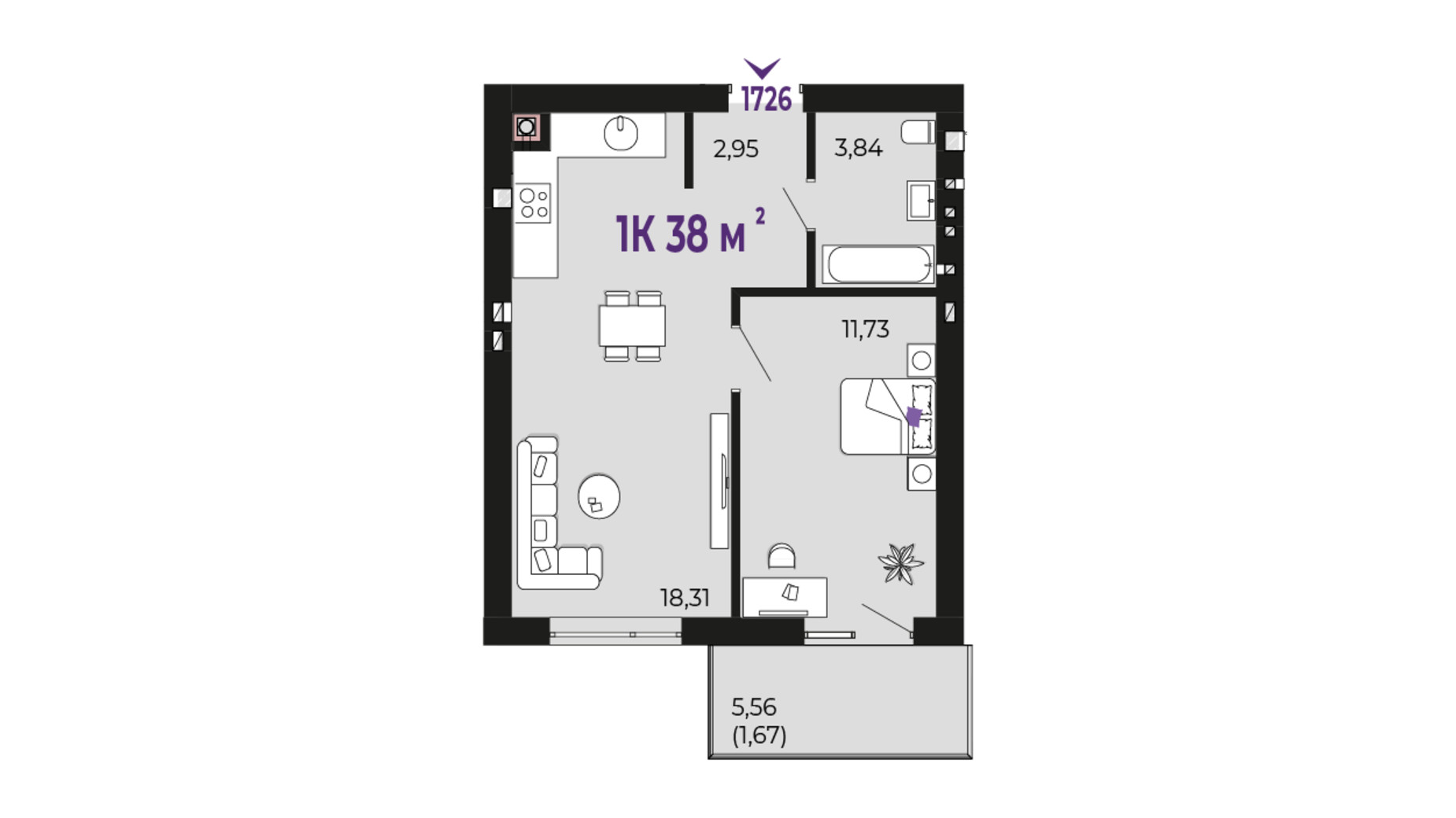 Планування 1-кімнатної квартири в ЖК Долішній 38 м², фото 653125