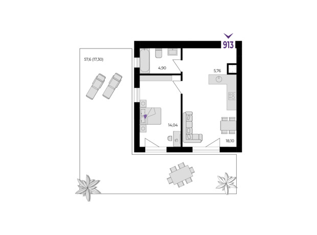 ЖК Wawel: планировка 1-комнатной квартиры 60 м²