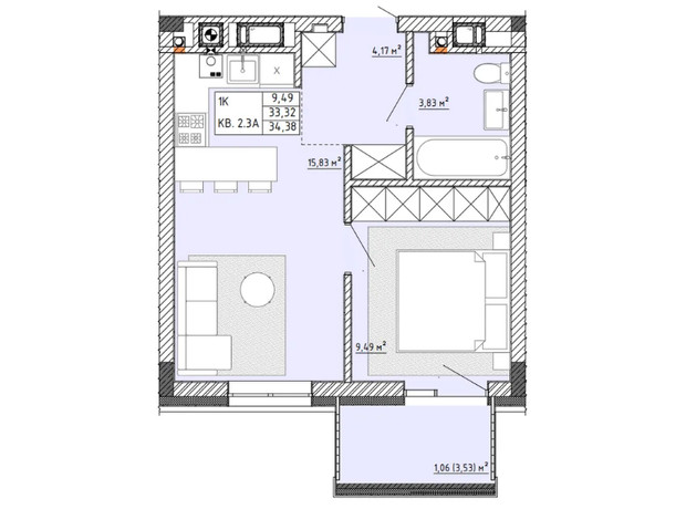 ЖК Тихий Львов: планировка 1-комнатной квартиры 34.38 м²