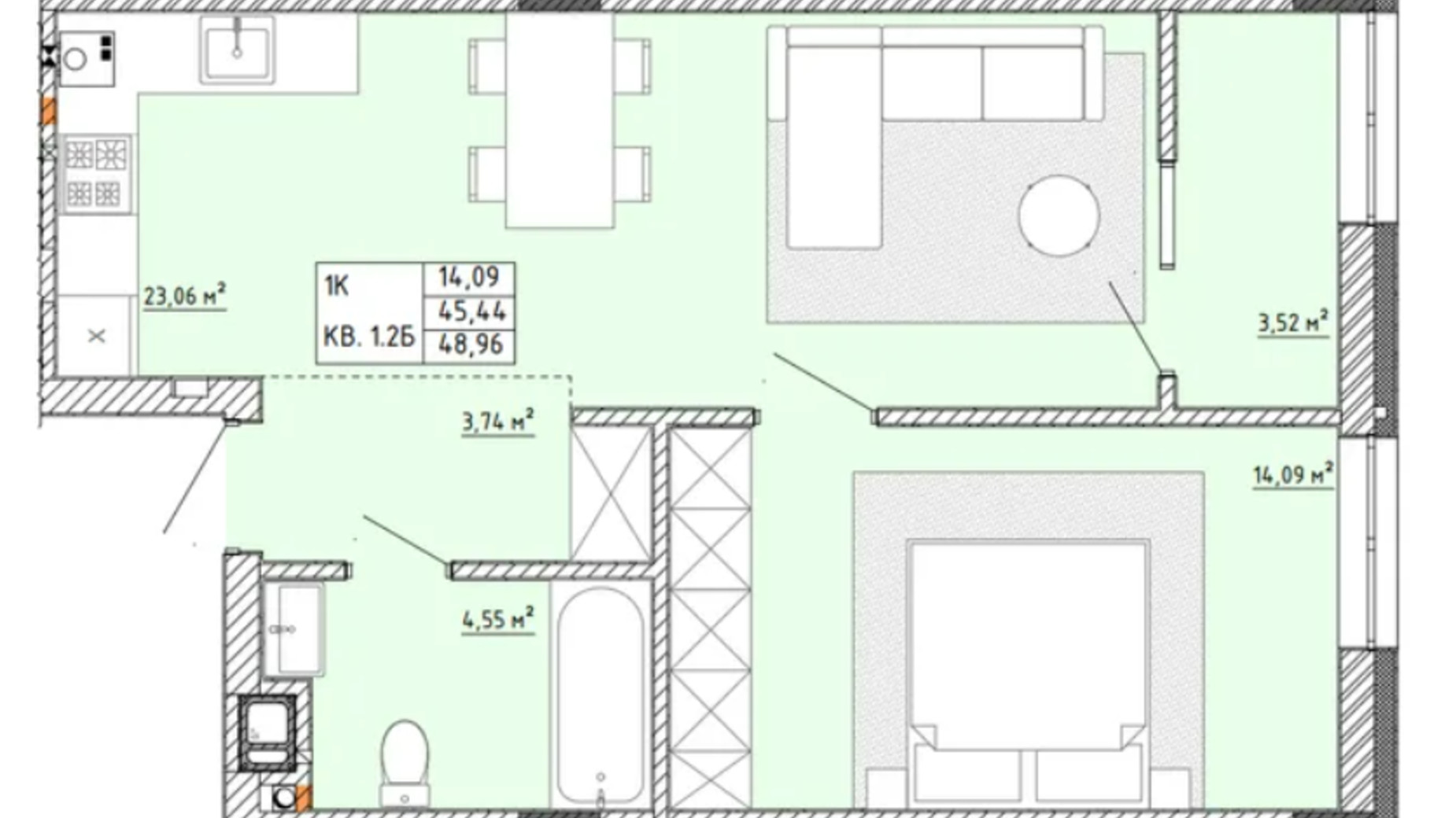 Планировка 1-комнатной квартиры в ЖК Тихий Львов 48.96 м², фото 653149