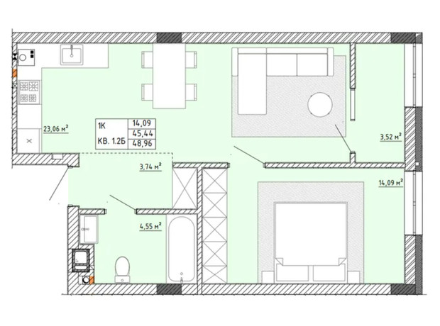 ЖК Тихий Львов: планировка 1-комнатной квартиры 48.96 м²