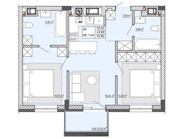 ЖК Тихий Львов: планировка 2-комнатной квартиры 50.86 м²