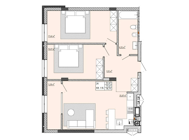 ЖК Тихий Львов: планировка 2-комнатной квартиры 78.71 м²