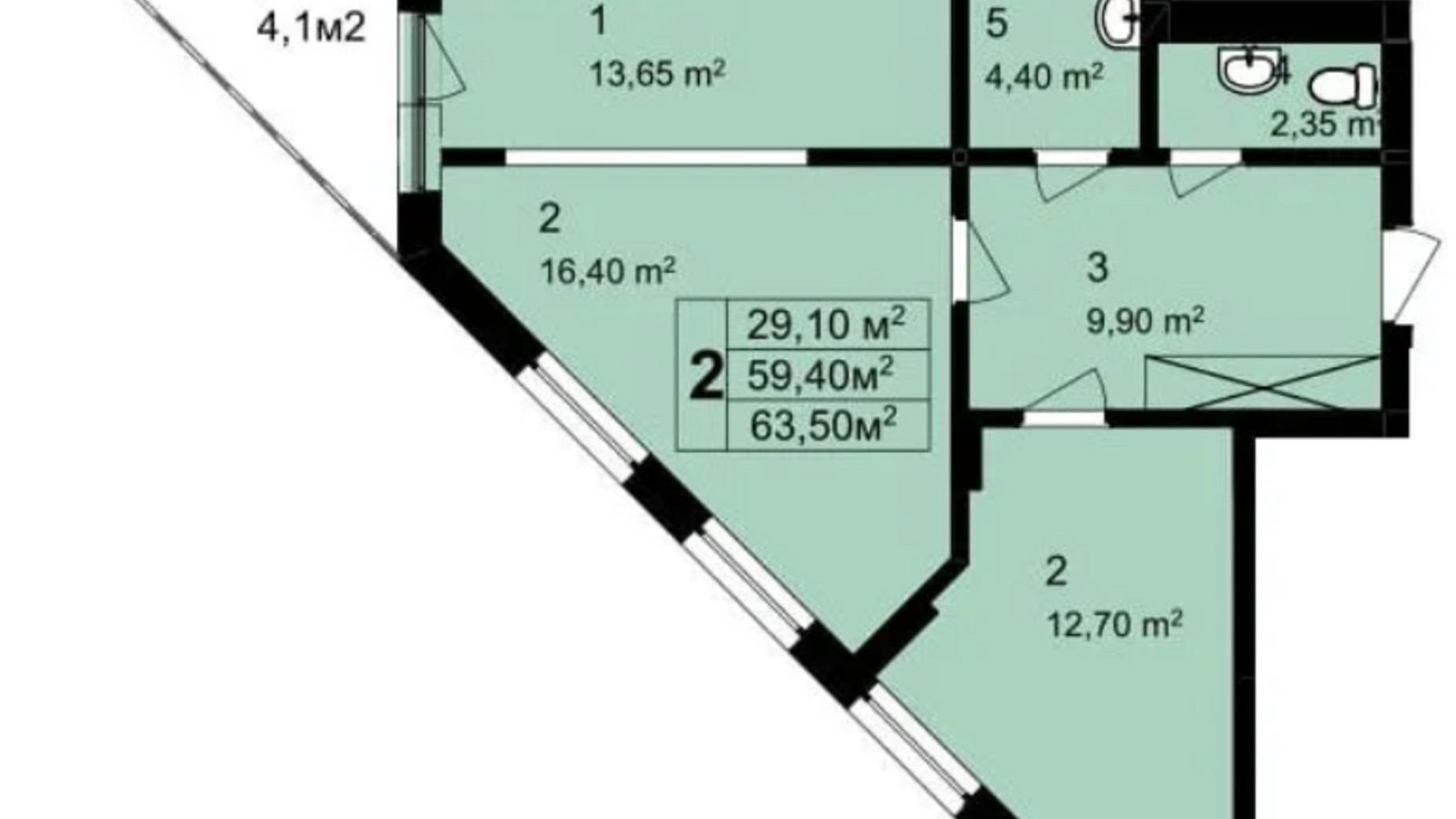 Планування 2-кімнатної квартири в ЖК Q-6 Quoroom Perfect 63.5 м², фото 653420