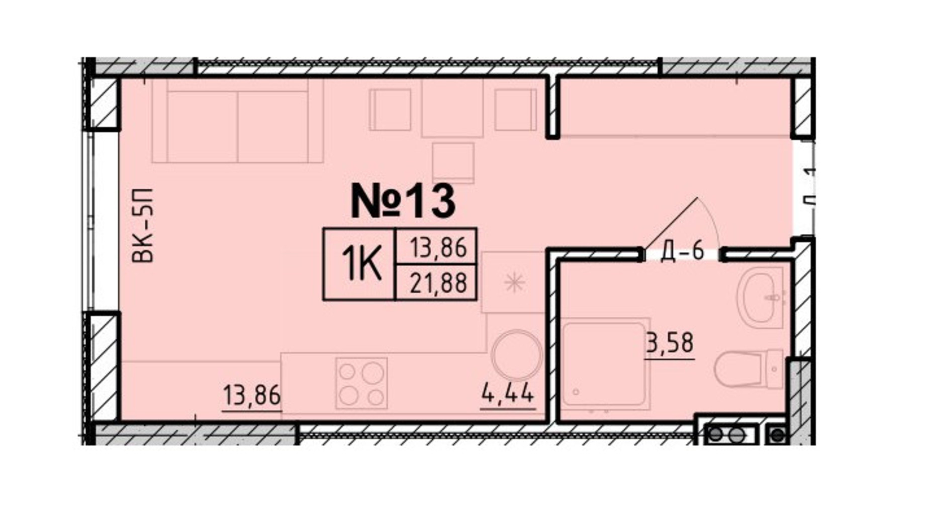 Планування квартири студії в ЖК Акварель 8 21.7 м², фото 653425