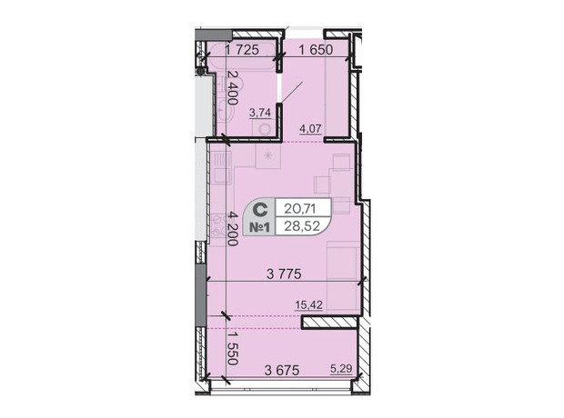 ЖК Акварель 8: планировка 1-комнатной квартиры 28.52 м²