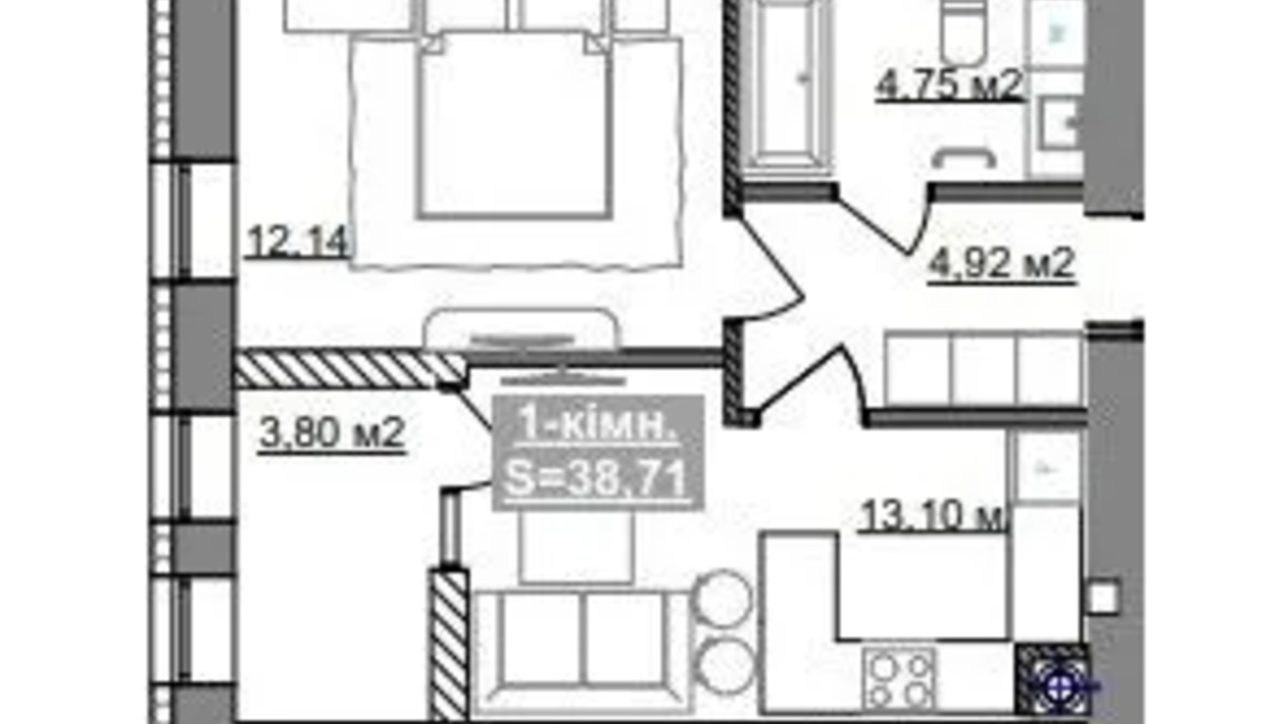 Планування 1-кімнатної квартири в ЖК Паркове містечко (7 черга) 38.71 м², фото 653513
