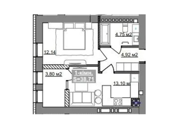 ЖК Парковый городок (7 очередь): планировка 1-комнатной квартиры 38.71 м²