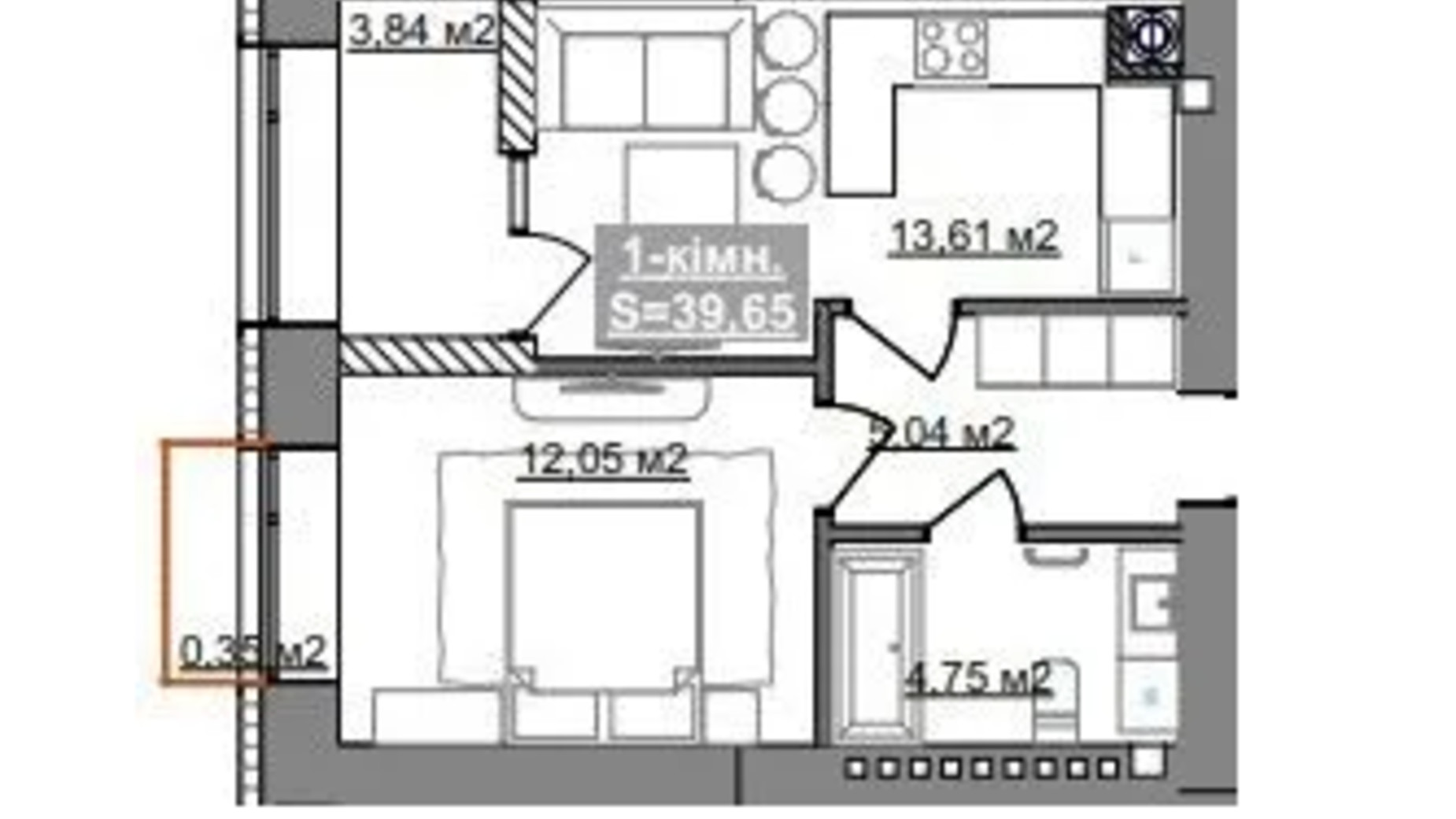 Планування 1-кімнатної квартири в ЖК Паркове містечко (7 черга) 39.65 м², фото 653514