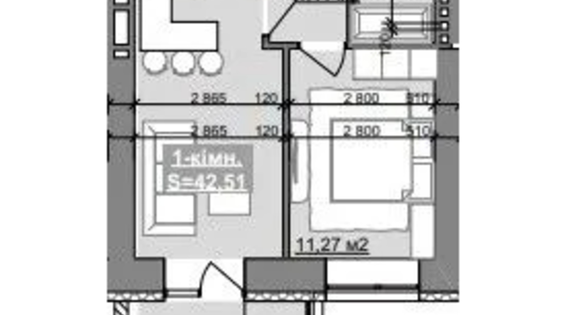 Планировка 1-комнатной квартиры в ЖК Парковый городок (7 очередь) 42.51 м², фото 653515