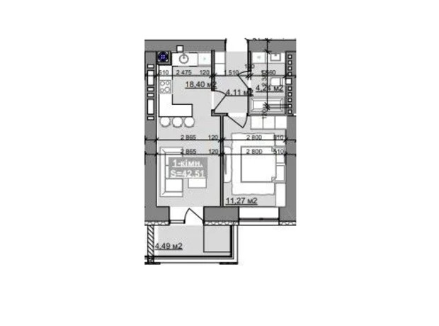 ЖК Паркове містечко (7 черга): планування 1-кімнатної квартири 42.51 м²