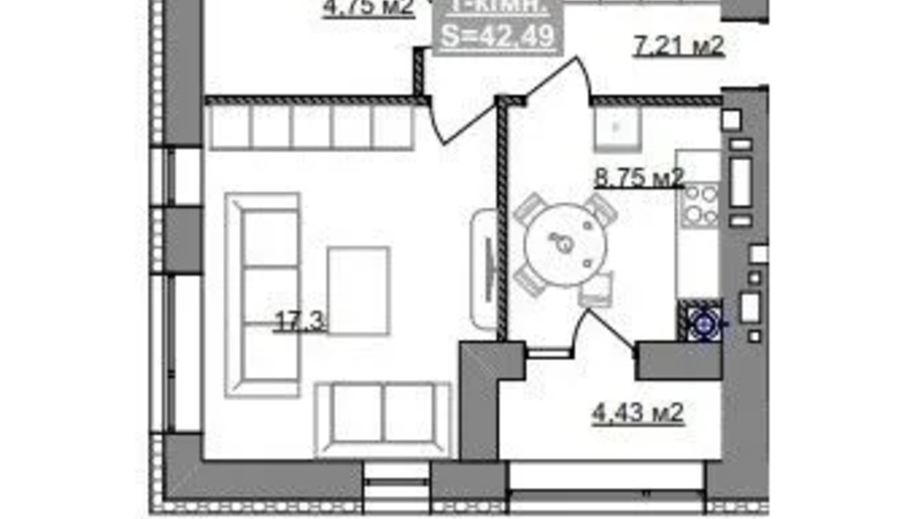 Планування 1-кімнатної квартири в ЖК Паркове містечко (7 черга) 42.49 м², фото 653516