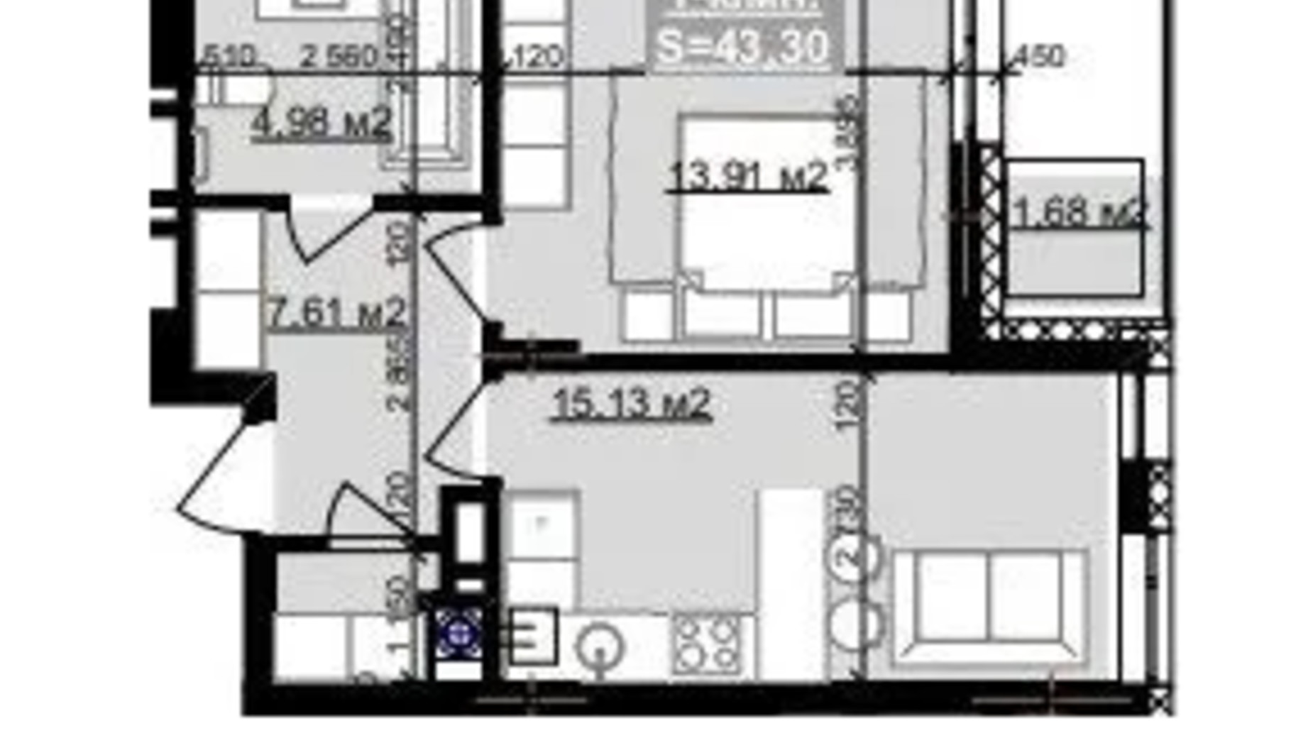 Планування 1-кімнатної квартири в ЖК Паркове містечко (7 черга) 43.3 м², фото 653517