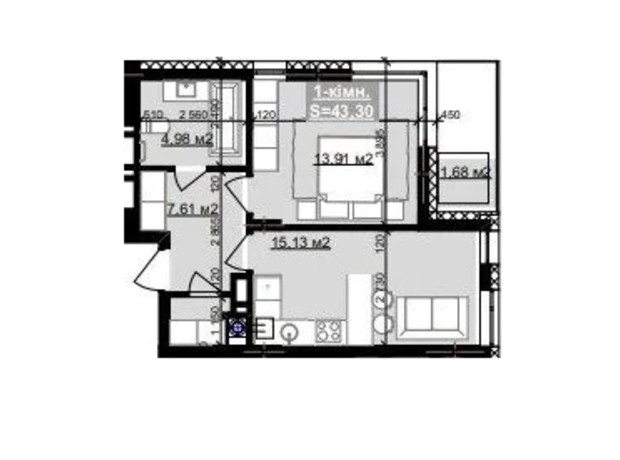 ЖК Паркове містечко (7 черга): планування 1-кімнатної квартири 43.3 м²