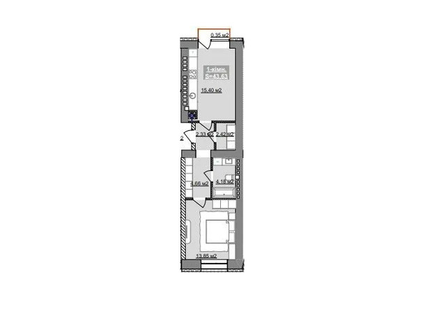 ЖК Паркове містечко (7 черга): планування 1-кімнатної квартири 43.63 м²
