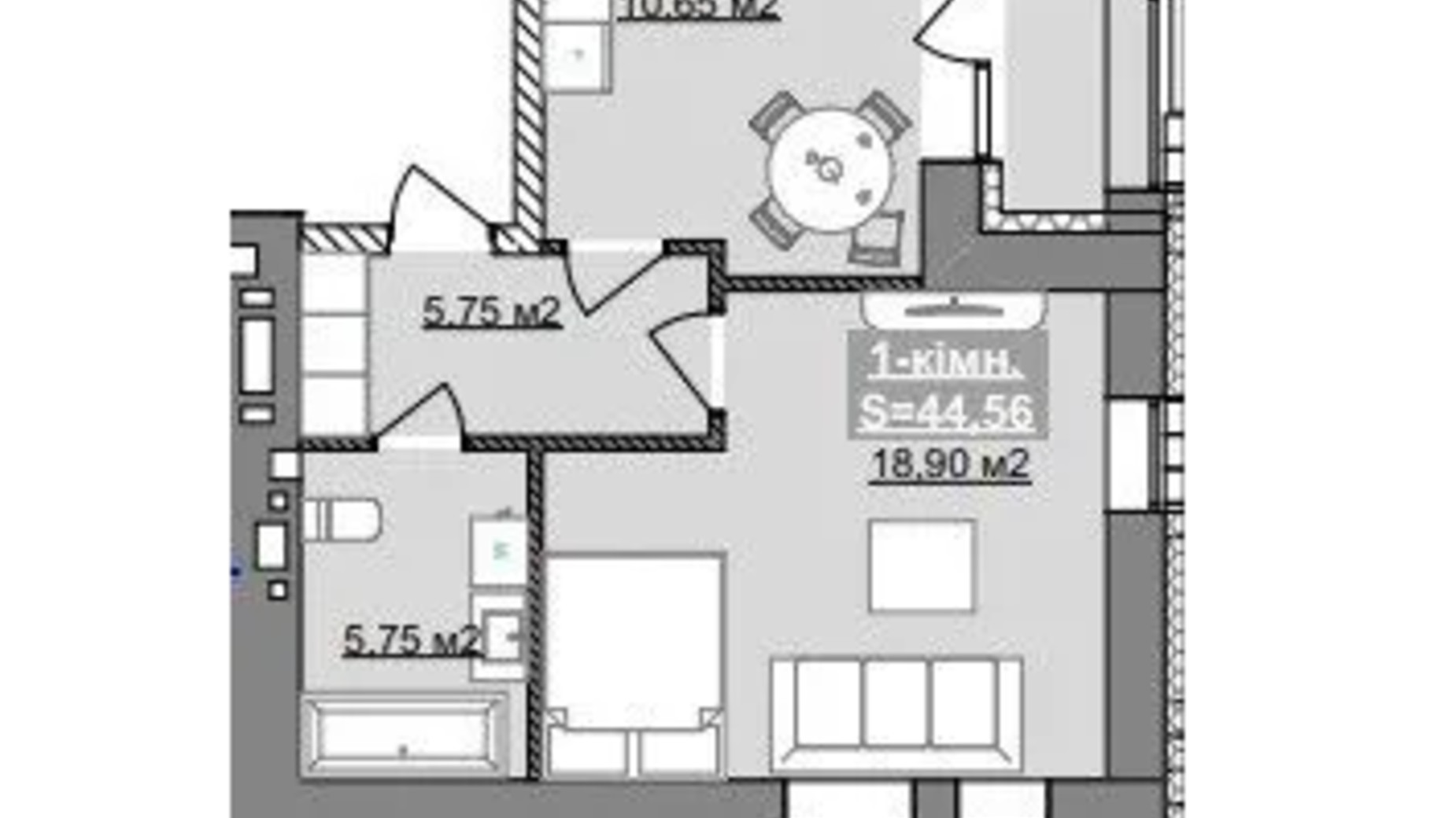 Планування 1-кімнатної квартири в ЖК Паркове містечко (7 черга) 44.56 м², фото 653520