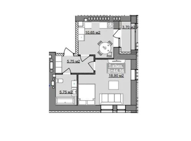 ЖК Парковый городок (7 очередь): планировка 1-комнатной квартиры 44.56 м²