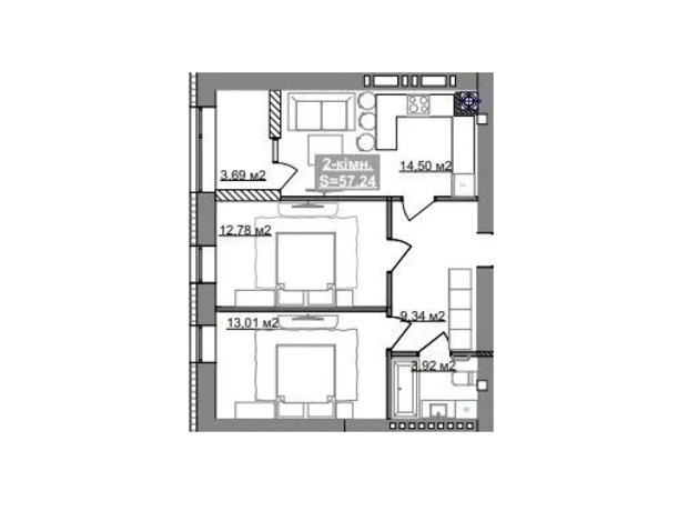 ЖК Парковый городок (7 очередь): планировка 2-комнатной квартиры 57.24 м²