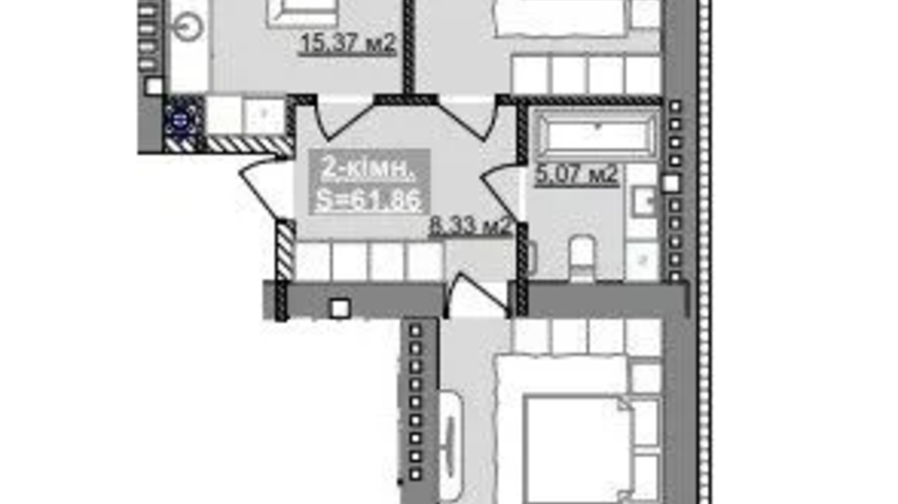 Планування 2-кімнатної квартири в ЖК Паркове містечко (7 черга) 61.86 м², фото 653522