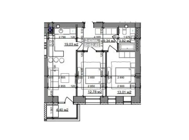 ЖК Парковый городок (7 очередь): планировка 2-комнатной квартиры 62.45 м²