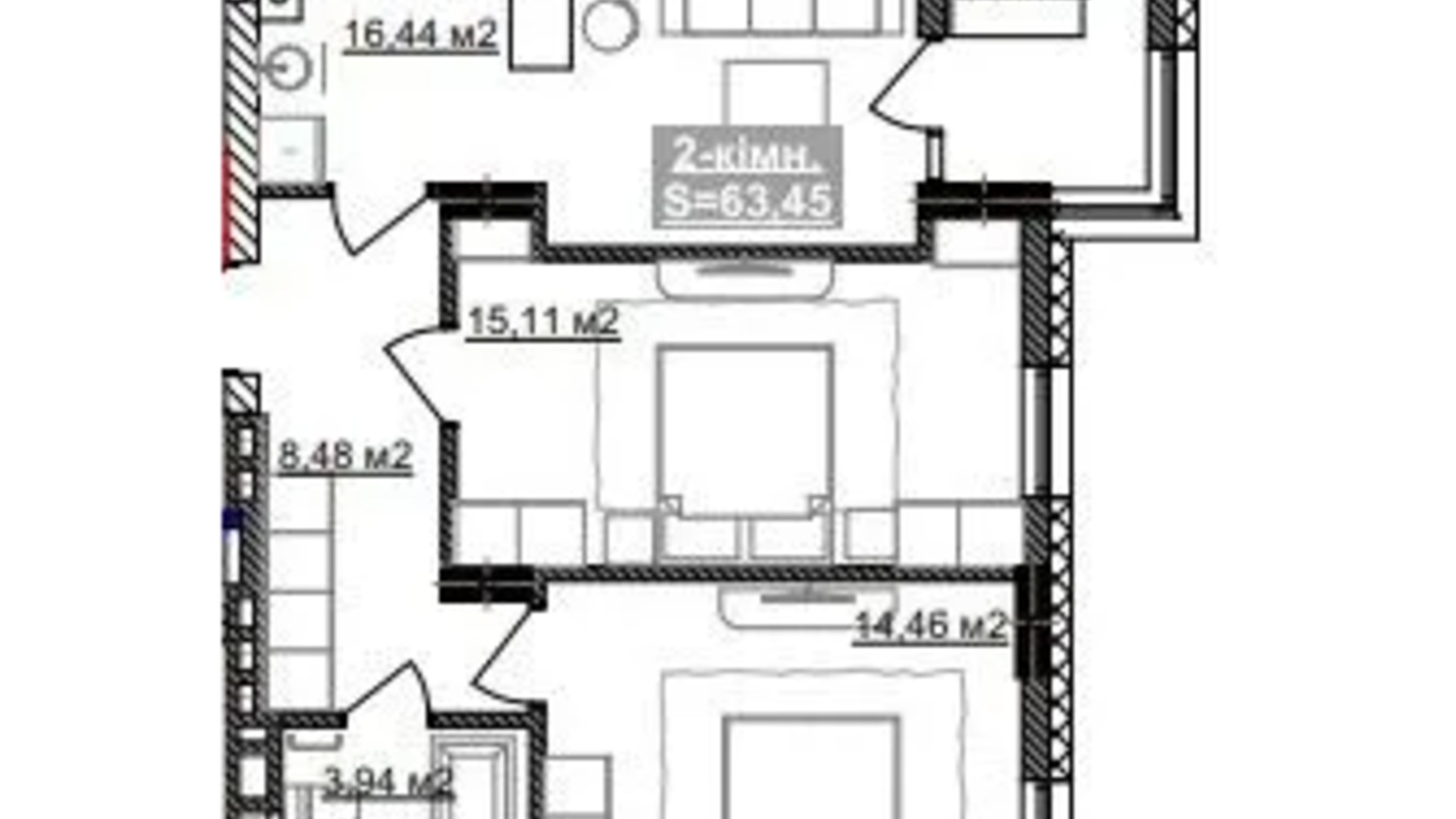 Планування 2-кімнатної квартири в ЖК Паркове містечко (7 черга) 63.45 м², фото 653524