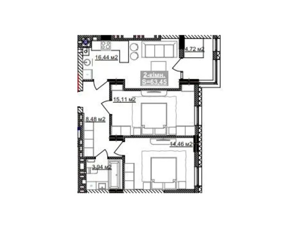 ЖК Парковый городок (7 очередь): планировка 2-комнатной квартиры 63.45 м²