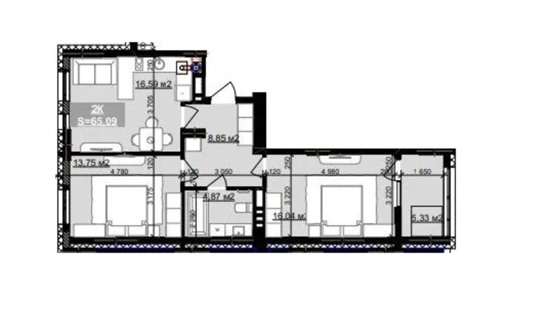 Планування 2-кімнатної квартири в ЖК Паркове містечко (7 черга) 65.09 м², фото 653525