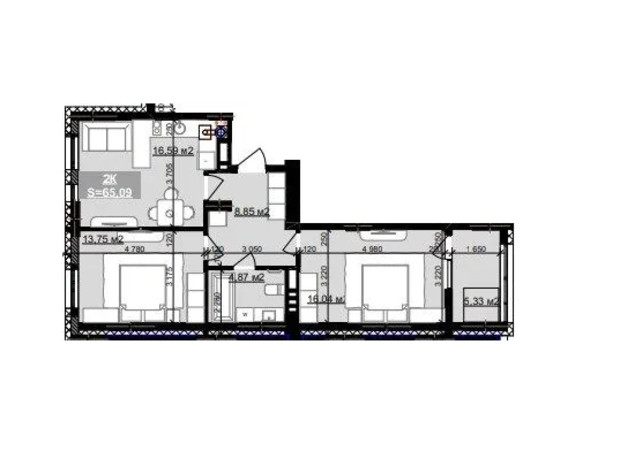 ЖК Паркове містечко (7 черга): планування 2-кімнатної квартири 65.09 м²