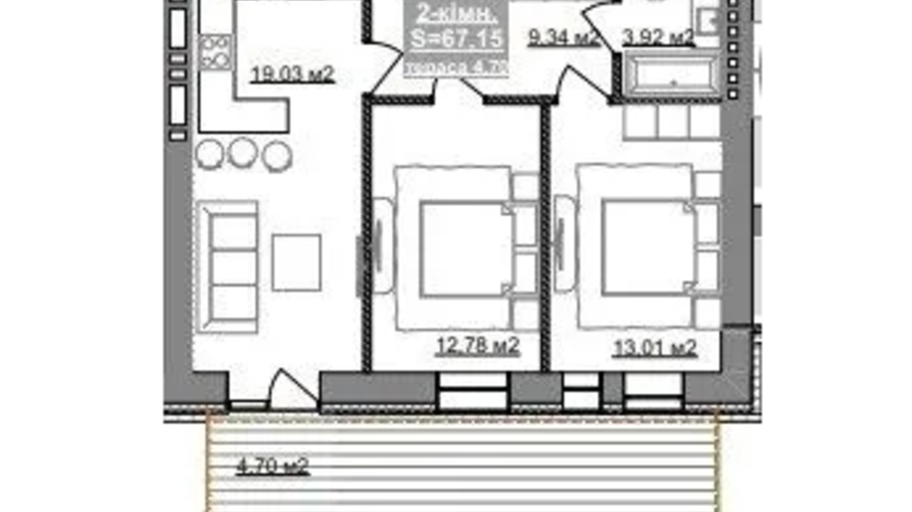 Планування 2-кімнатної квартири в ЖК Паркове містечко (7 черга) 67.15 м², фото 653526