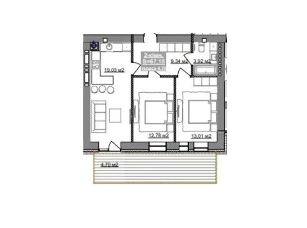 ЖК Парковый городок (7 очередь): планировка 2-комнатной квартиры 67.15 м²