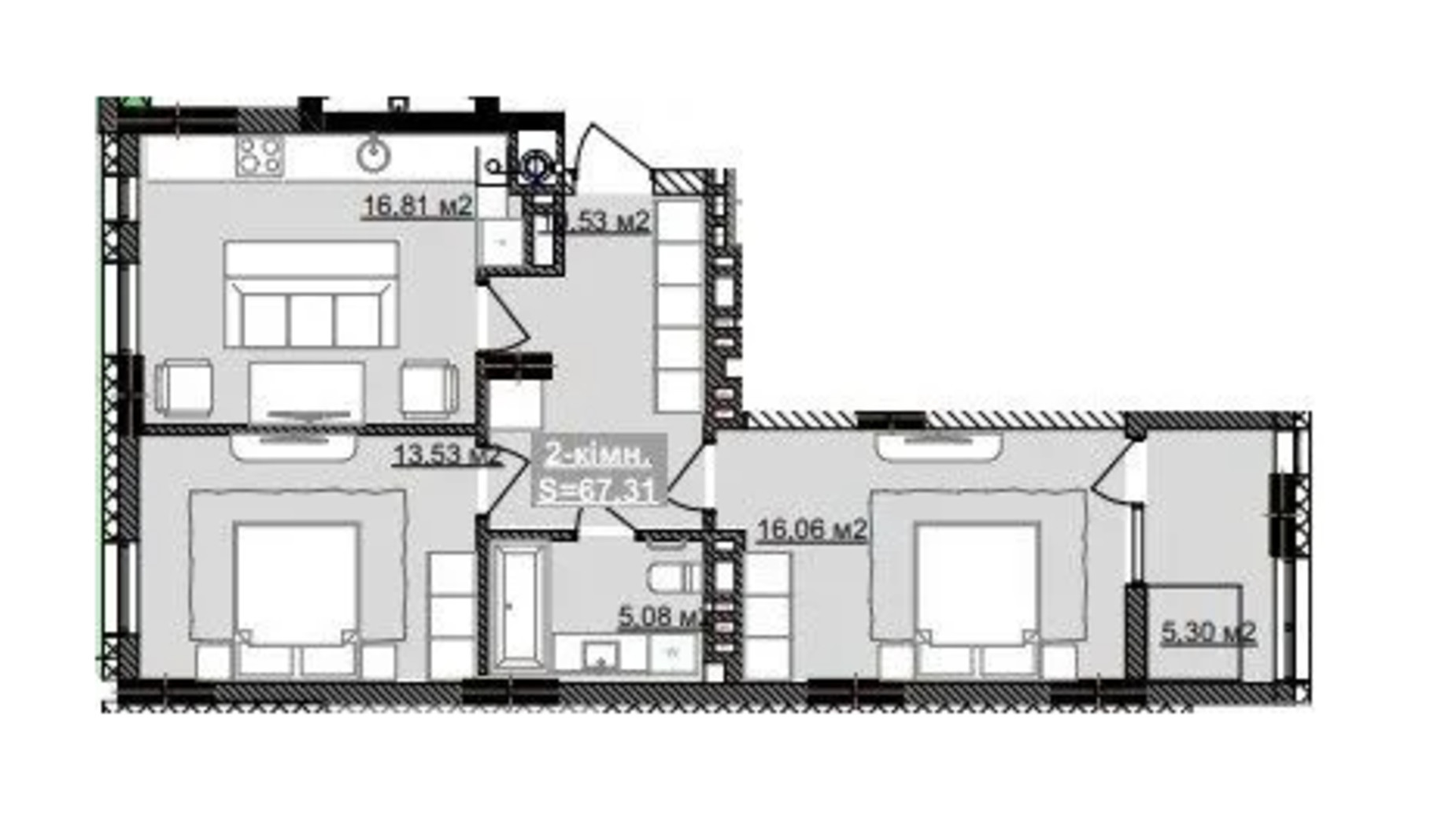 Планування 2-кімнатної квартири в ЖК Паркове містечко (7 черга) 67.31 м², фото 653527