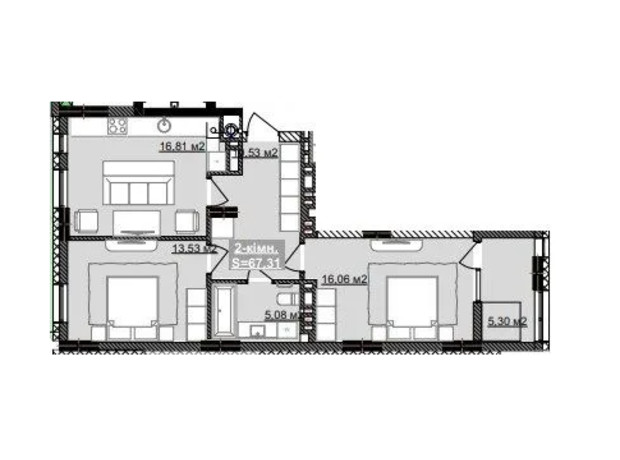 ЖК Парковый городок (7 очередь): планировка 2-комнатной квартиры 67.31 м²