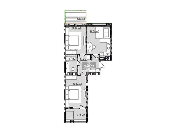 ЖК Паркове містечко (7 черга): планування 2-кімнатної квартири 67.32 м²