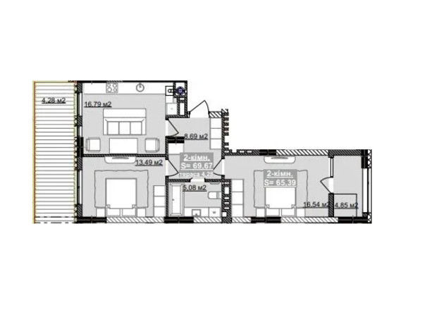 ЖК Парковый городок (7 очередь): планировка 2-комнатной квартиры 69.67 м²