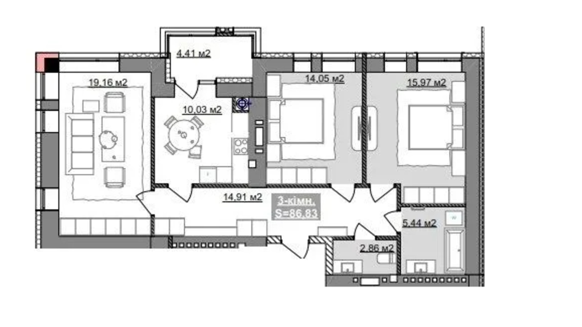 Планування 3-кімнатної квартири в ЖК Паркове містечко (7 черга) 86.83 м², фото 653530