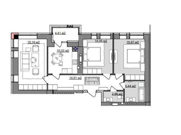 ЖК Паркове містечко (7 черга): планування 3-кімнатної квартири 86.83 м²
