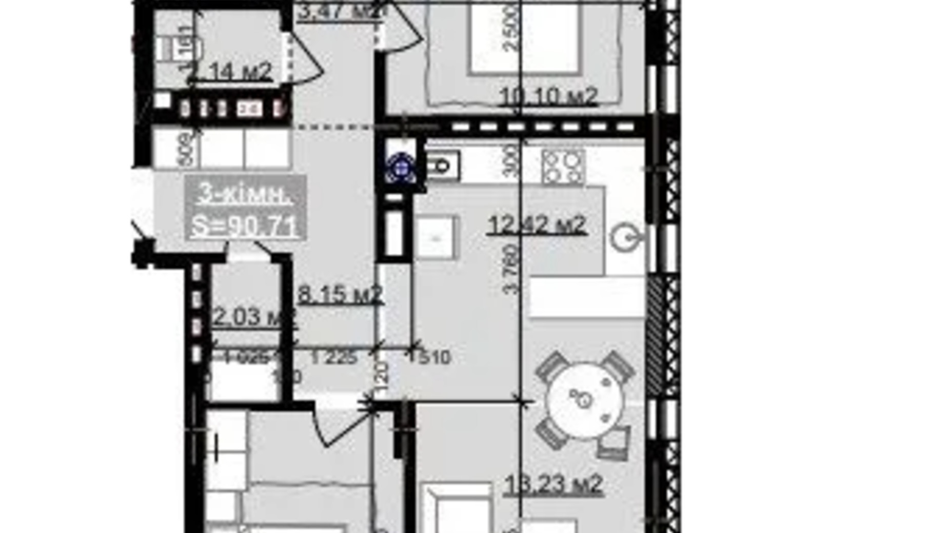 Планировка 3-комнатной квартиры в ЖК Парковый городок (7 очередь) 90.71 м², фото 653531