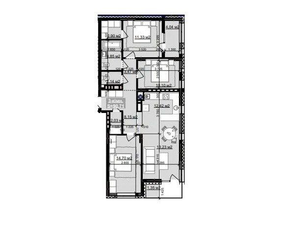 ЖК Парковый городок (7 очередь): планировка 3-комнатной квартиры 90.71 м²
