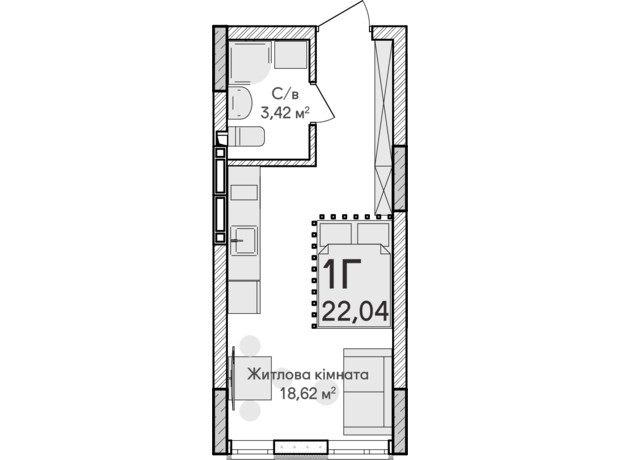 ЖК Синергия Сити: планировка 1-комнатной квартиры 22 м²