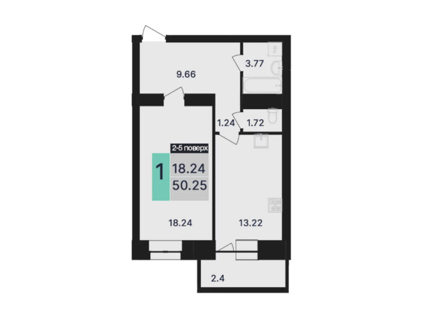 ЖК Династия: планировка 1-комнатной квартиры 50.25 м²